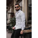 BAYIM Erkek Slim Fit Çizgili Gömlek Likralı Dar Kesim Şık Günlük Gömlek (Beyaz & Mavi / Beyaz & Siyah)