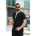 BAYIM Siyah Slim Fit Hakim Yaka Likralı Gofre Kumaş Kısa Kollu Erkek Gömlek