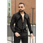 BAYIM Slim Fit Siyah Gömlek - Taş İşlemeli ve Kadife Detaylı Nakışlı