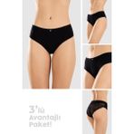 Baykar Kadın Pamuklu Likralı Arkası Dantelli Slip Külot 3lü Paket 8432 Siyah - 2XL
