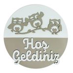 Baykuş Ailesi Hoş Geldiniz Kapı Süsü, Hassas Lazer Kesim 3 Boyutlu Dekoratif Duvar Süsü (Zeytuni)
