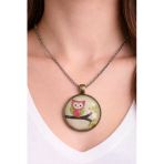 Baykuş Figürlü Cam Kaplama Kolye Gümüş Zincir 60 Cm Unisex