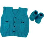 Baykuş Modeli Örgü Mavi Renk Bebek Yeleği ve Patiği - 1 - 1,5 Yaş