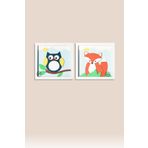 Baykuş Ve Tilki Temalı 2 Li Set Katmanlı Mdf - Çocuk ve Bebek Odası Duvar Tablosu 33x33x2.5 Cm