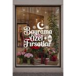 Bayrama Özel Fırsatlar Cam Vitrin Sticker, Bayram Kampanyası Mağaza Çıkartması, Ay Yıldız ve Fener Desenli Sticker, Beyaz, 50x45 cm
