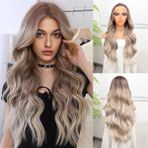 Bazaar Turkey Peruk Market Rus Kumralı Beyaz Platin Ombre ve Röfleli Fiber Sentetik Geniş Dalgalı Tül Peruk