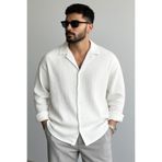 bb butik basic Erkek Ütü İstemeyen Oversize kırık beyaz Bürümcük Gömlek BEYAZ
