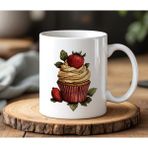 BB Design BB Desing Çilekli Muffin Tasarımlı Beyaz Seramik Baskılı Kupa Bardak 330 ml