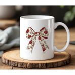 BB Design Çiçekli Kurdela Tasarımlı Beyaz Seramik Baskılı Kupa Bardak 330 ml - 001 - Beyaz - 250 ml