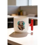 BB Design Kalpli Rakun Tasarımlı Kırmızı T Kulplu Seramik Baskılı Kupa Bardak 250 ml - 001 - Beyaz - 200 ml