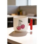 BB Design Kiraz Dalı Tasarımlı Kırmızı T Kulplu Seramik Baskılı Kupa Bardak 250 ml - 1 Adet - 200 ml