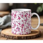 BB Design Mor Çiçekler Tasarımlı Beyaz Seramik Baskılı Kupa Bardak 330 ml - 001 - Beyaz