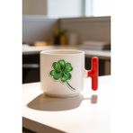 BB Design Yeşil Yonca Tasarımlı Kırmızı T Kulplu Seramik Baskılı Kupa Bardak 250 ml - 1 Adet - 200 ml