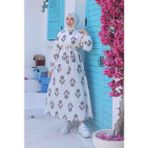BBS Siyah Dal Desenli Keten Tesettür Elbise - Açık Siyah - Beyaz - 38