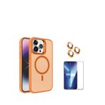 bbtech İPHONE 15 İLE UYUMLU MAGSAFE ÖZELLİKLİ STANTLI YARI SAYDAM KILIF TEMPERLİ CAM LENS KORUYUCU SET;Turuncu