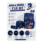 bcburkay çanta SONİC DESENLİ KOYU MAVİ 3’lü Erkek Çocuk İlkokul Okul Çantası + Termal Beslenme Çantası + Kalemlik