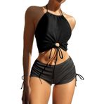 Bcenoilua Kadın bikini seti yüksek belli ipli yan mayo seksi arsız boyun jartiyer 2 parça takım elbise Push Up Vintage Beachwear pilili karın kontrolü tropikal plaj kıyafeti kostüm, siyah, XL