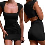 Bcenoilua Kadın kısa kollu kare kesim sırtı açık elbise seksi mini elbise yazlık elbise dar tişört kısa gündelik elbise vücut hatlarını vurgulayan kokteyl elbisesi parti elbisesi düğün misafir