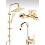 Bdl Armatür Gold Altın Kare Robot Duş Seti, Lavabo ve Banyo Bataryası Musluğu Çeşmesi 3’lü Set