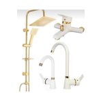 BDL ARMATÜR Gold Kare Robot Seti, Beyaz Gold Banyo, Lavabo, Mutfak Bataryası Çeşmesi 4’lü Set