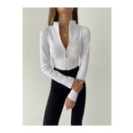 BE CHİC BLZ1007 Beyaz Fermuarlı Fitilli Crop Bluz