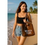 Beach Time Yazı Baskılı Şeffaf Plaj Çantası - STANDART - Vizon