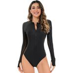 BEACHKINI Tek Parça Mayo Önden Fermuarlı Uzun Kollu Üçgen Döküntü Koruyucular 82 Black Kadın Mayo