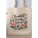 Beautiful Worthy Loved Mother Baskılı Anneler Günü Hediyelik Bej %100 Pamuklu Ham Bez Bej Çanta