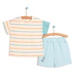 Bebbek Surfing Blok Kol Detaylı Oversize Şık Erkek Bebek Ekru Tshirt Şort Takım