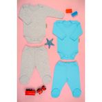 Bebe Tospik Pamuklu Yumuşak Kız - Erkek Bebek Uzun Kollu Patikli 2li Takım - Mavi - 6 - 9 Ay