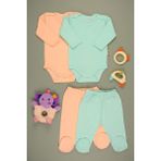 Bebe Tospik Pamuklu Yumuşak Kız - Erkek Bebek Uzun Kollu Patikli 2li Takım - Pudra - 6 - 9 Ay