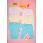 Bebe Tospik Pamuklu Yumuşak Kız - Erkek Bebek Uzun Kollu Patikli 3lü Takım - Mavi - 3 - 6 Ay