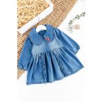 Bebe Yakalı Fiyonklu Denim Kız Bebek Elbise Kot Elbise