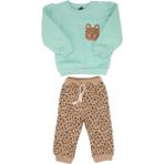 Bebegen Kız Bebek Su Yeşili Kahve Kedi Nakışlı Leopar Desenli 3 Ip 2'li Takım - 18 - 24 Ay - Yeşil - Kahve