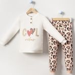 Bebegen Kız Çocuk Ekru Kahverengi Cool Kalp Baskılı 2'li Pijama Takımı - 5 - 6 Yaş - Renkli
