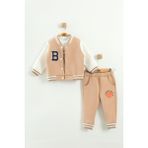 Bebek Baskılı 3'lü Eşofman Takımı (Sweatshirt, Pantolon, Ceket) (9-12-18 Ay) - Bej