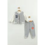 Bebek Baskılı 3'lü Eşofman Takımı (Sweatshirt, Pantolon, Ceket) (9-12-18 Ay) - Gri