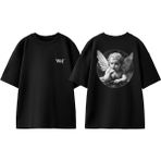Bebek Melek Tasarım Sırt Baskılı Pamuk Siyah Oversize T-Shirt