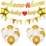 Bebek partisi dekorasyonu, eve hoş geldiniz seti - 22 adet altın cinsiyet ortaya çıkan parti dekorasyonu, baby shower vaftiz, erkek balonlar, flama zinciri, çocuk odası, cinsiyet ortaya çıkan parti