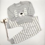 Bebek Star Kulak Detaylı Çizgili Gri %100 Cotton Bebek Takımı - 6 - 9 Ay