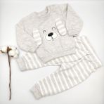 Bebek Star Kulak Detaylı Çizgili Taş - Bej %100 Cotton Bebek Takımı - 9 - 12 Ay