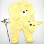 Bebek Star Şapkalı Bandanalı Patikli Sarı Ayıcıklı İkili Bebek % 100 Cotton Tulum Takımı - 3 - 6 Ay - Açık Sarı