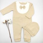 Bebek Star Şapkalı Papyonlu Bej Uzun Kollu %100 Cotton Bebek Tulumu - 0 - 3 Ay - Sütlü Kahve