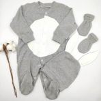 Bebek Star Tavşan Model Şapkalı Eldivenli Patikli Gri Ponponlu Bebek Tulum Takımı %100 Cotton - 3 - 6 Ay - Gri - Beyaz