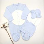 Bebek Star Tavşan Model Şapkalı Eldivenli Patikli Mavi Ponponlu %100 Cotton Bebek Tulum Takımı - 0 - 3 Ay