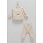 Bebek Waffle Kumaş 2'li Takım(Sweatshirt ve Pantolon Takımı) Rahat ve Şık (1-12 Ay) - Ekru - 1 - 3 Ay