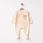 Bebeva Baby Ayıcık Nakışlı %100 Pamuk Çıtçıtlı Erkek Bebek Tulum - Bej - 3 - 6 Ay