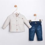 Bebeva Baby Erkek Bebek %100 Pamuklu Kareli Gömlek Ceket ve Kot Pantolon 2'li Takım - Kot Mavisi - 6 - 9 Ay