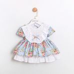 Bebeva Baby Kız Bebek %100 Pamuklu Fisto Yakalı Çiçek Desenli Kat Kat Kabarık Butik Elbise - 18 - 24 Ay - Bebek Mavisi