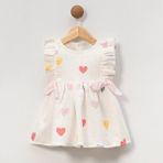 Bebeva Baby Kız Bebek Krem Renkli Kalp Desenli Müslin A-Line Çadır Kesim Elbise - 9 Ay - Beyaz - Pembe